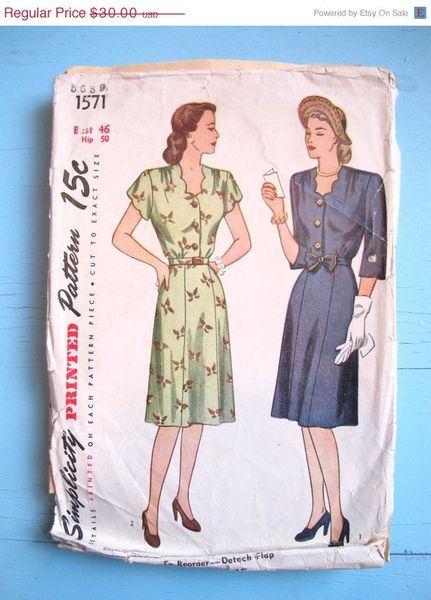 Sewing Pattern 1940s Vintage Plus Size L XL Day Dress Sewing Pattern