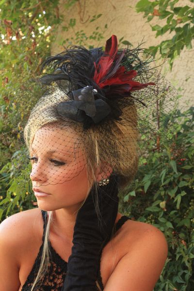 Black VINTAGE Fascinator, Feather Headpiece with BIRDCAGE VEIL from Las Vegas by Voila Veils
