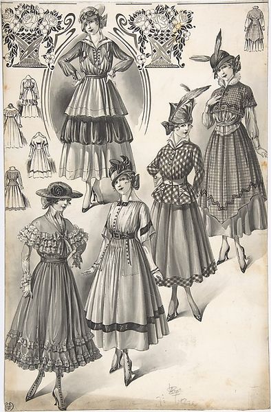 Designs for Five Womens Full-skirted Dresses - c1915