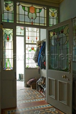 Edwardian entryway with encaustic tiled floor.  (encaustic: ceramic tiles in which the pattern or f…