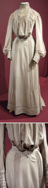 Day dress, American, ca. 1902. Putty-colored wool trimmed with lace and tucks. Two pieces. The Merr…