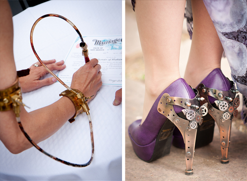 Killer purple steampunk wedding shoes and mind blowing steampunk armcuff bracelet pen.