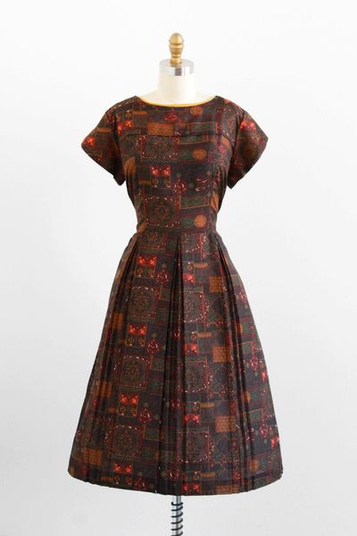 vintage plus size dress / 1950s plus size dress / 50s Brown Paisely Print Cotton Dress. $124.00, vi…