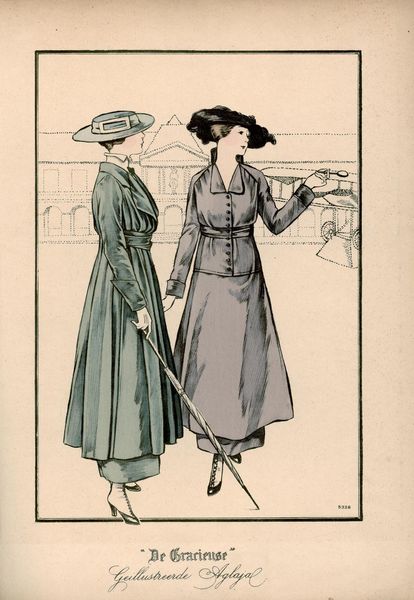 [De Gracieuse] No. 1. Lange mantel van gabardine en matrozenhoed, overtrokken met zijde. No. 2. Tai…