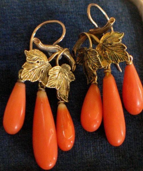 Victorian 14kt.Gold Leaf and Coral Drop Earrings