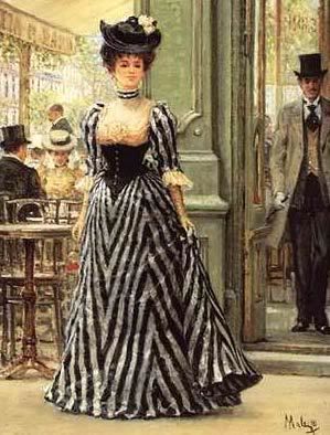 1890s Woman in black stripe dress