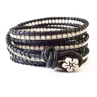 Flower Power 4x Sterling Silver Rope Chain and Black Leather Bracelet Wrap