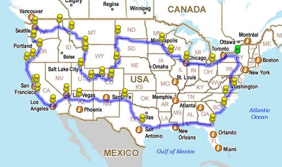 How to Drive across the USA hitting all the major landmarks. This would be awesome.