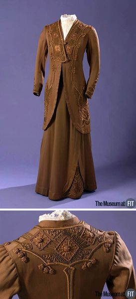 Suit, American, circa 1913. Brown cotton sateen, cotton floss, soutache cord, and tape. Via Museum …