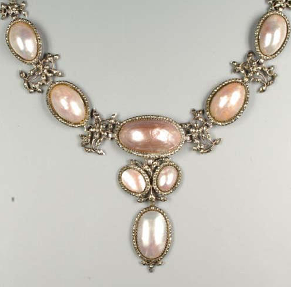 A mid 18th century coques de perle and marquiste pendant necklace, circa 1740