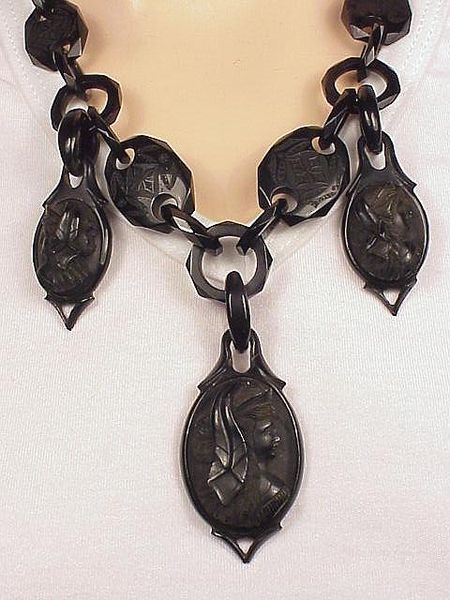 This unbelievably beautiful, ornately carved circa 1860s Jet cameo necklace is a museum quality exa…