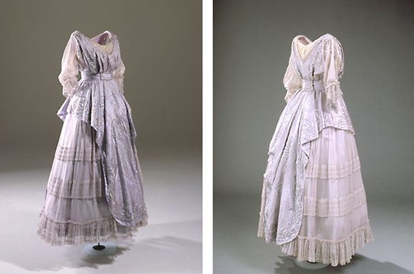 Light purple gown, custom-tailored as a wedding dress, in taffeta with sleeves and a skirt of tulle…