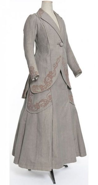 Changing cotton canvas suit with corded machine embroidery, French, circa 1907.