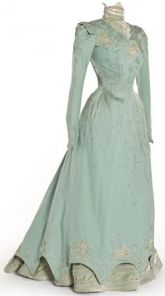 1898 wool cloth, silk velvet, and satin applique dress by E. Coguenhem et Cie, Paris.