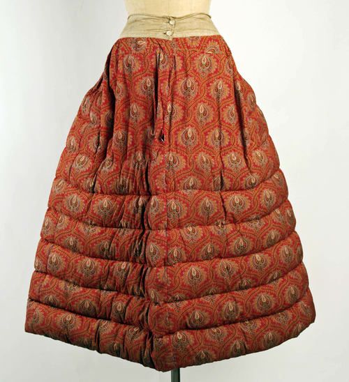 Taking the quilted petticoat a step further, this one from the late 1860s is stuffed with goose dow…