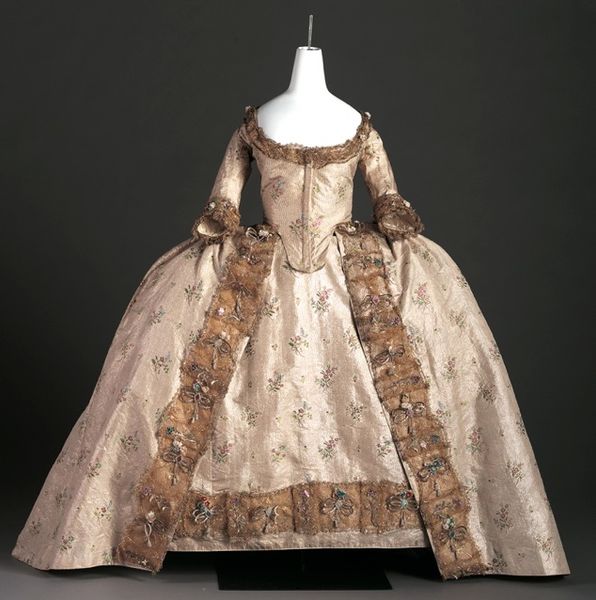 Silver tissue court gown with gold lace, European, c. 1760.