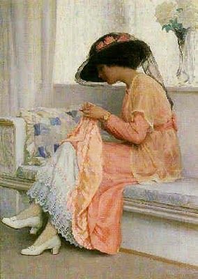 Mending on the fly! William Henry Margetson -  'A Stitch in Time' - 1915