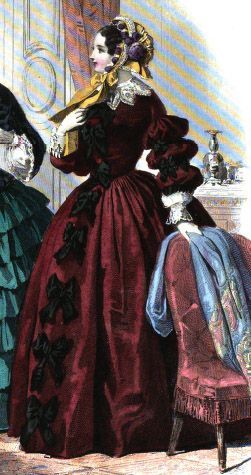 1854.  Le Moniteur de la mode.  Bows down the front and multi-puffed sleeves.