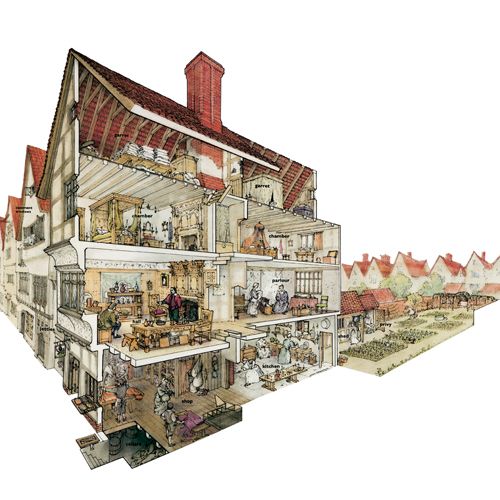 Cutaway drawing representing a London merchants house in around 1640.