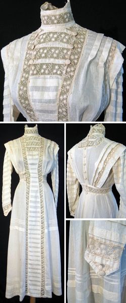 Dress, early 1900s. Silk with satin thread embroidered in circles & dots. Front has full-length lac…