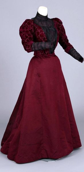 Dress, two pieces, ca. 1896. Voided velvet, black chiffon, purple. Striking voided velvet pattern w…