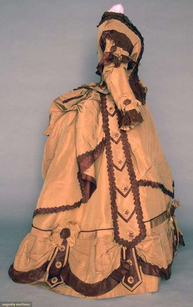 SILK FAILLE BUSTLE DRESS, 1868-1872   3-piece cocoa brown & chestnut brown: peplum bodice, bell ski…