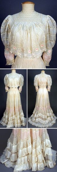 ~Circa 1899 Tea Gown~: White cotton lawn with high neck of Valenciennes lace and bands in pattern o…