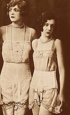 1920s.  Chemise with corset (later to become the girdle) and stockings.