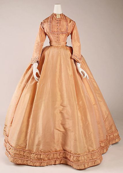 Peach silk dress with day bodice, French, ca. 1864. Labels: "Mme. Cuper, Rue St. Honoré" and "Walk…