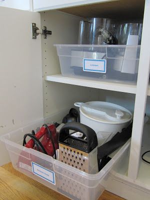 Place your kitchen items inside a plastic tub before storing them in your cupboards. No more diggin…
