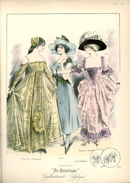 Fancy dress, 1911 the Netherlands, De Gracieuse    (Left to right) Venetian Renaissance woman, a mo…