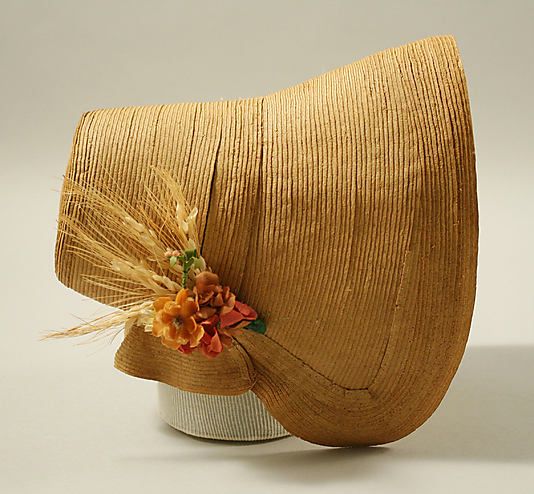 Straw bonnet 19th century, American or European - simple decoration, just sprigs of wheat and flowe…