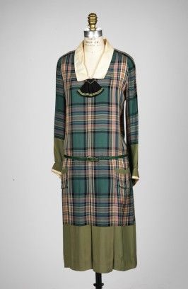 Green plaid silk or rayon dress with plain green sleeve and skirt hems and white collar, by Jean Pa…