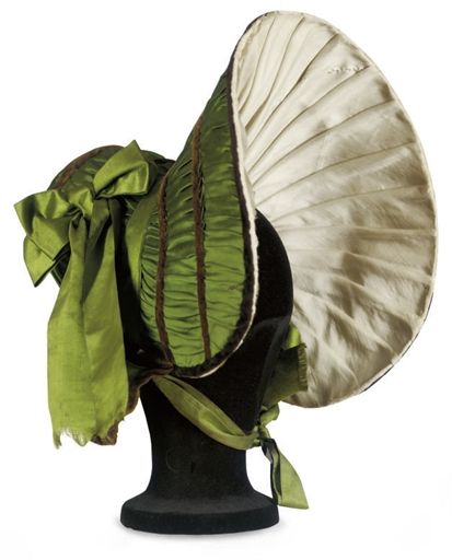 A green silk bonnet, 1830's.