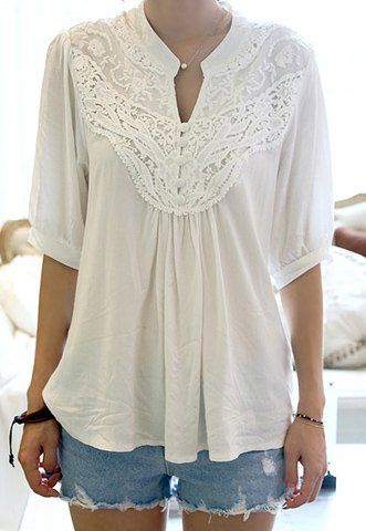 Lace Splicing Crochet Flower 1/2 Sleeve Casual Blouse For Women