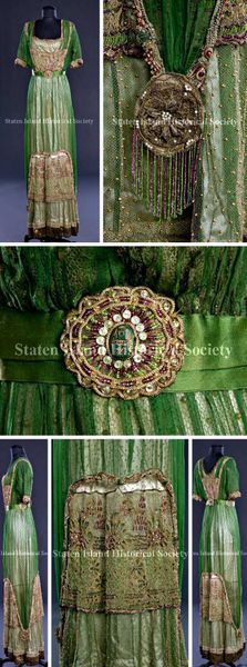 Evening dress, Redfern, ca. 1910. 3 layers of fabric: top is green chiffon; middle is gold metallic…