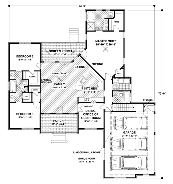 First Floor Plan of Country   Craftsman   House Plan 92385