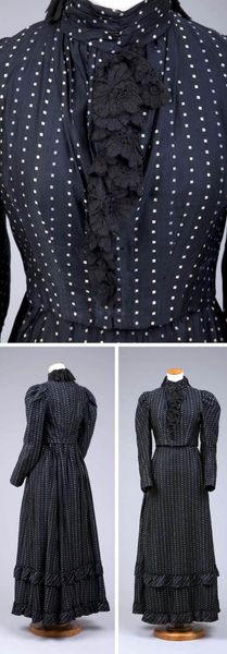 Two-piece dress, ca. 1890s. Fine black cotton polka dots (squares) Bodice: fitted, line and stayed;…