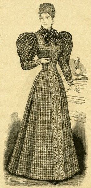 Victorian lady modelling s plaid Ladies' Princess House Dress from April 1894 issue of The Delineat…