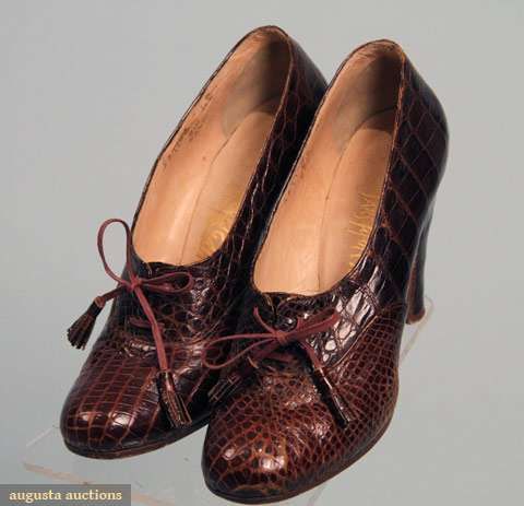 Augusta Auctions, March 2010 NYC, Lot 146: Pair Ferragamo Aligator Day Pumps, 1930s
