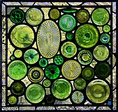 green glass bottle bottoms=stained glass