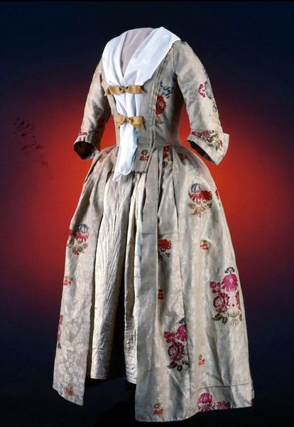 Gown, brocaded worsted damask  1750-1765  Origin: England, Norwich  OL: 58" Waist between lacings: …