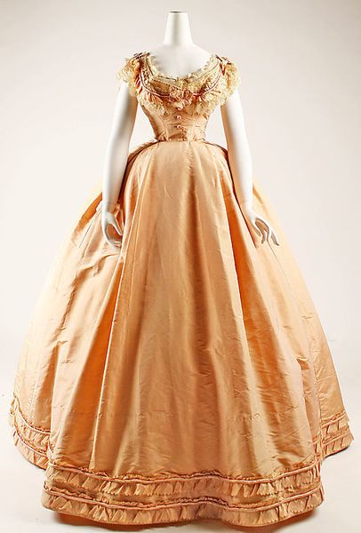 Peach silk dress with evening bodice, French, ca. 1864. Labels: "Mme. Cuper, Rue St. Honoré" and "…