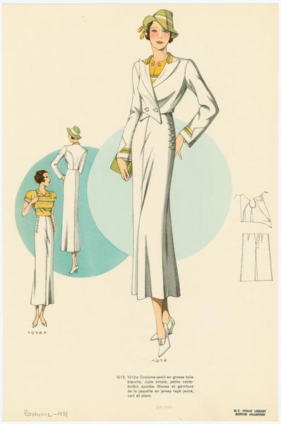 Costume-sport en grosse toile blanche.  Published Date: 1934 "Jupe simple, petite veste-boléro aju…