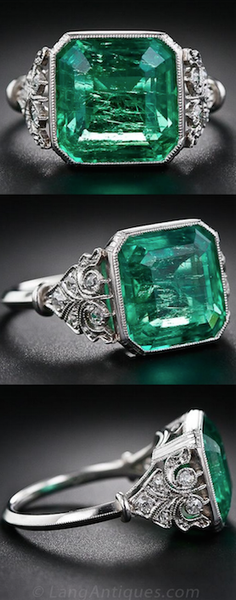 5.31 Carat Emerald and Edwardian Diamond Ring, A big, bright and lively square emerald-cut emerald,…
