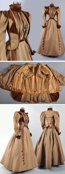 Visiting or promenade ensemble ca.1890s. Woven brown tweed trimmed in brown velvet. Skirt is Prince…