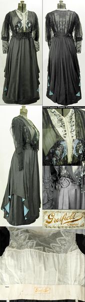 1912-1915 Evening gown by Grosfield, Chicago: black silk charmeuse with Chantilly lace bretelles, b…