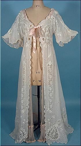 1910 Dressing Gown of White Batiste Cotton with Embroidery and and Rare Blush Pink Silk Chiffon Lin…