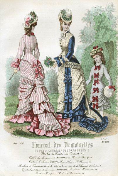 1870s A girl in a simple dress decorated with bows from the August 1876 edition of Journal des Demo…