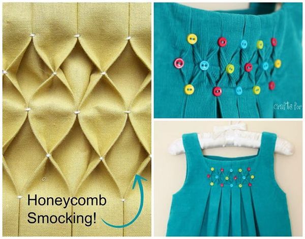 Honeycomb Smoking of Fabric. LEFT: http://tumblingblocks.net/blog/2008/09/22/Honeycomb-Smocking-Tut…